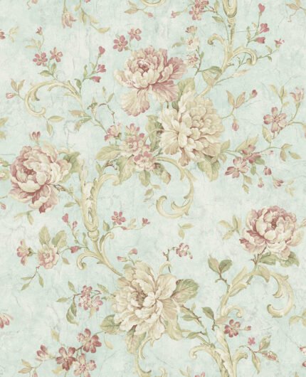 Floral Scroll - Sky Blue and Rose | Blues Damasks and Scrolls Wallpaper for Half Bath, Living Room, and Powder Room
