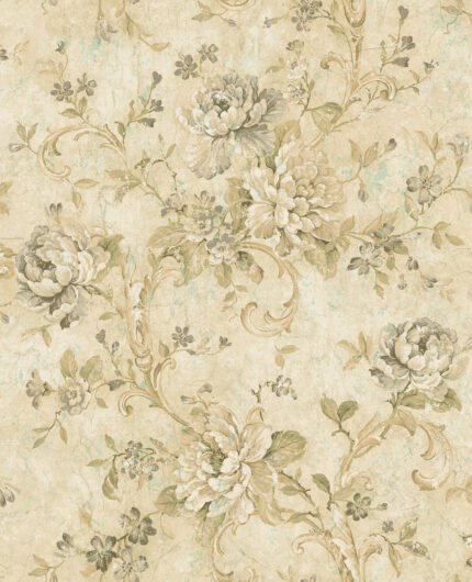 Floral Scroll - Taupe and Bronze | Browns and Taupes Damasks and Scrolls Wallpaper for Accent Wall, Living Room, and Nursery