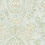 Vintage Cameo - Gold Shimmer and Sky Blue | Blues Damasks and Scrolls Wallpaper for Living Room, Dining Room, and Half Bath