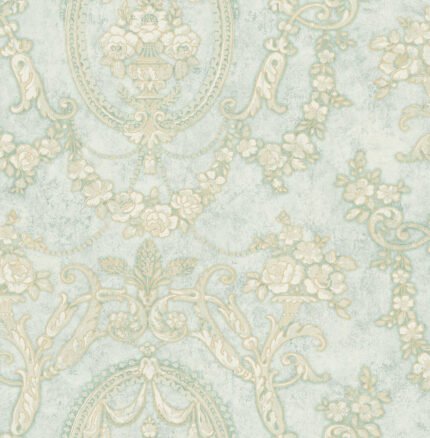 Vintage Cameo - Gold Shimmer and Sky Blue | Blues Damasks and Scrolls Wallpaper for Living Room, Dining Room, and Half Bath