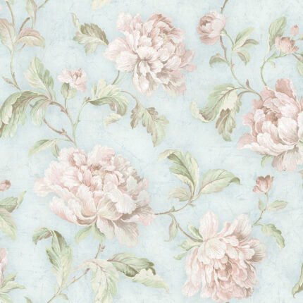 Vintage Floral Trail - Powder Blue and Blush | Blues Florals, Botanicals and Tropicals Wallpaper for Nursery, Living Room, and Half Bath