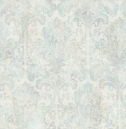 Vintage Damask - Ice Blue and Champagne Shimmer | Blues Damasks and Scrolls Wallpaper for Dining Room, Kitchen, and Entryway