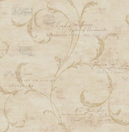 Scroll and Stamps - Tan Shimmer and Sand | Browns and Taupes Damasks and Scrolls Wallpaper for Accent Wall, Bedroom, and Kitchen