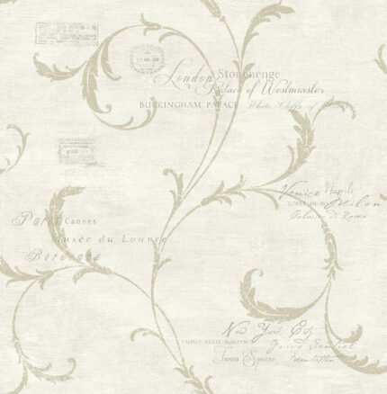Scroll and Stamps - Champagne Shimmer and Taupe | Browns and Taupes Damasks and Scrolls Wallpaper for Office, Entryway, and Bedroom