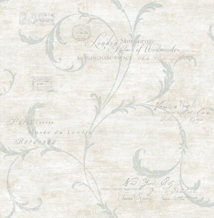 Scroll and Stamps - Champagne Shimmer and Ice Blue | Blues Damasks and Scrolls Wallpaper for Powder Room, Accent Wall, and Half Bath