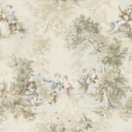 Vintage Toile - Satin Taupe and Burgundy | Reds Toiles Wallpaper for Half Bath, Nursery, and Living Room