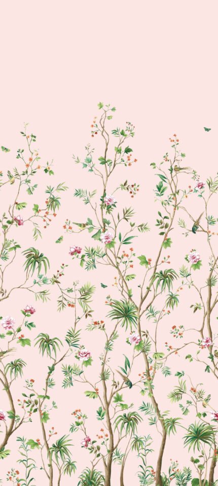 Stone House Court Mural - Milkshake | Pinks Florals, Botanicals and Tropicals Wallpaper for Dining Room, Half Bath, and Hallway