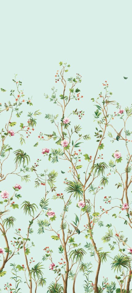 Stone House Court Mural - Cruise | Aquas and Teals Florals, Botanicals and Tropicals Wallpaper for Entryway, Nursery, and Kitchen