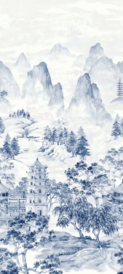 Stoney Lane Mural - Ink Wash | Blues Ikat, Shibori and Watercolor Wallpaper for Bedroom, Kitchen, and Half Bath