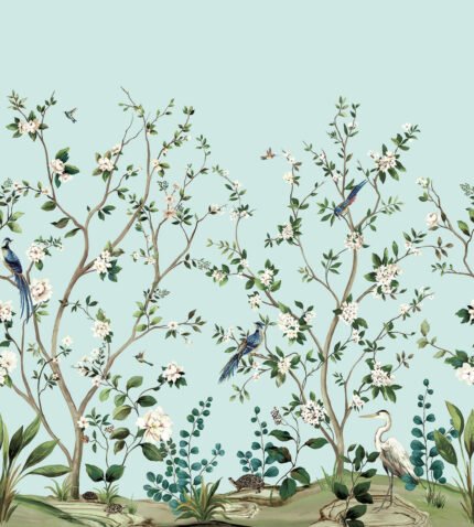 Heron Botanical Mural - Celeste Blue | Aquas and Teals Florals, Botanicals and Tropicals Wallpaper for Nursery, Powder Room, and Half Bath