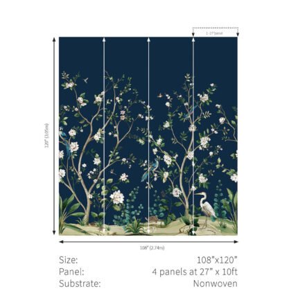 Heron Botanical Mural - Admiral Blue | Navys Florals, Botanicals and Tropicals Wallpaper for Dining Room, Hallway, and Half Bath