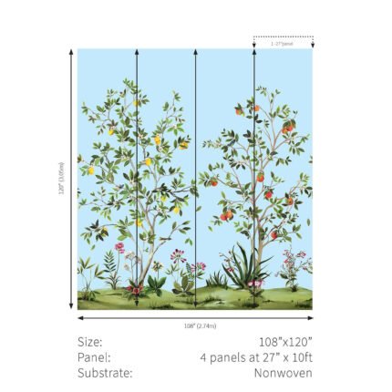 Citrus Grove Mural - Carolina Blue | Blues Florals, Botanicals and Tropicals Wallpaper for Powder Room, Bedroom, and Half Bath