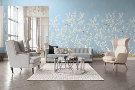 Vining Beauty Mural - Century Blue | Blues Trees and Leaves Wallpaper for Nursery, Living Room, and Entryway