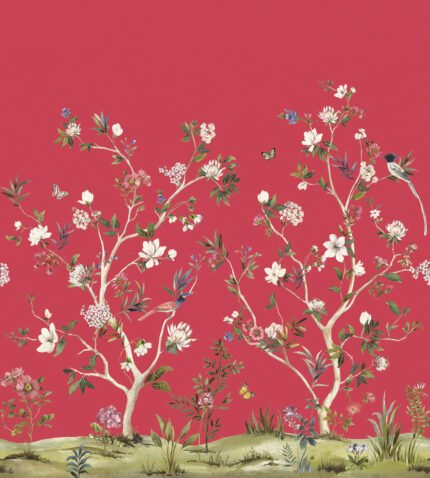 Chinoiserie Magnolia Mural - Cherry | Reds Florals, Botanicals and Tropicals Wallpaper for Bedroom, Nursery, and Hallway