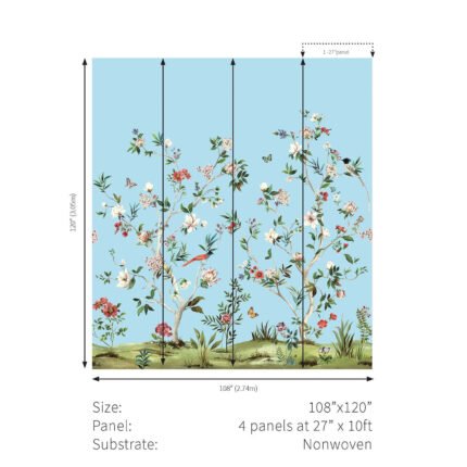 Chinoiserie Magnolia Mural - Sky Blue | Blues Florals, Botanicals and Tropicals Wallpaper for Hallway, Office, and Kitchen