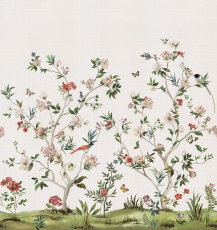 Chinoiserie Magnolia Mural - Silver | Multicolors Florals, Botanicals and Tropicals Wallpaper for Half Bath, Powder Room, and Dining Room