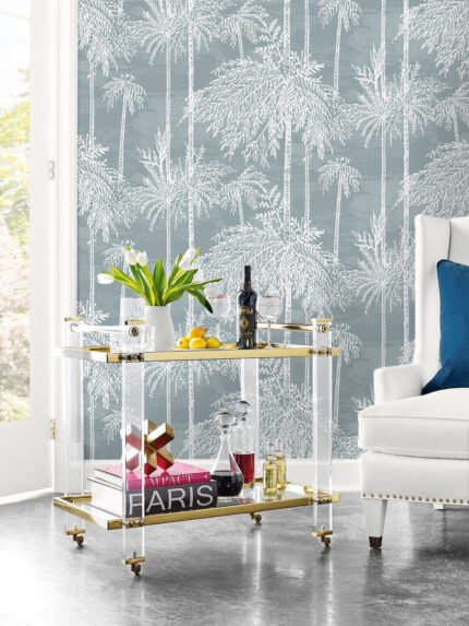 Palm Grove - Seafoam | Aquas and Teals Trees and Leaves Wallpaper for Accent Wall, Bedroom, and Hallway