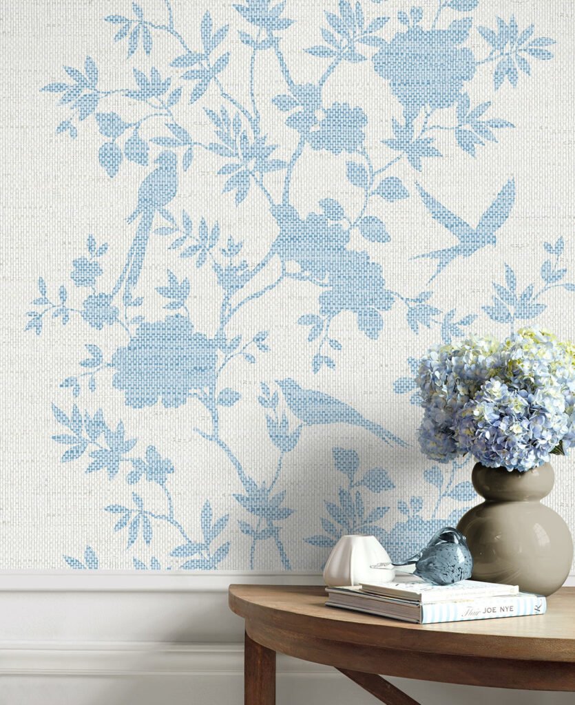 Floral blue bird wallpaper pattern – Aloha Maya Blue design