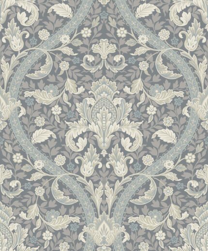 Scarlett - New Hope Gray | Blues Damasks and Scrolls Wallpaper for Entryway, Office, and Living Room