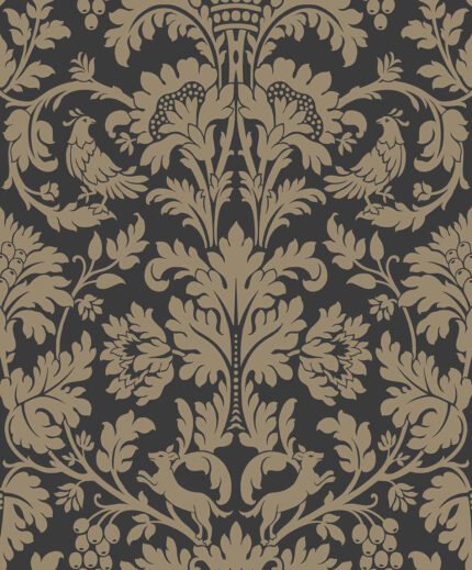 Niamh - Raven | Blacks Damasks and Scrolls Wallpaper for Dining Room, Office, and Entryway