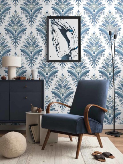 Moorbank - Indigo | Blues Damasks and Scrolls Wallpaper for Dining Room, Powder Room, and Nursery