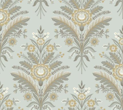 Moorbank - Soft Aqua | Aquas and Teals Damasks and Scrolls Wallpaper for Dining Room, Office, and Powder Room