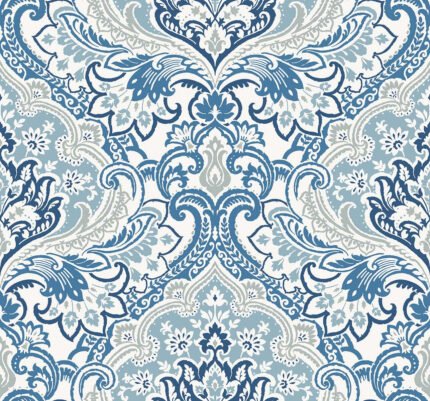 Logan - Pacific | Blues Damasks and Scrolls Wallpaper for Nursery, Accent Wall, and Living Room