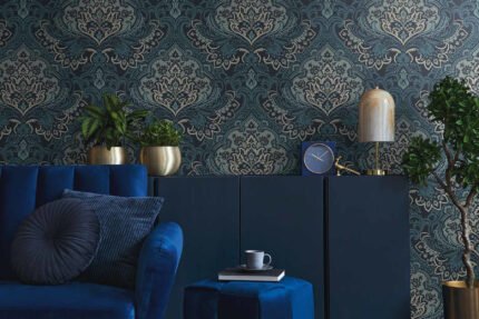 Logan - Liberty | Navys Damasks and Scrolls Wallpaper for Entryway, Hallway, and Powder Room