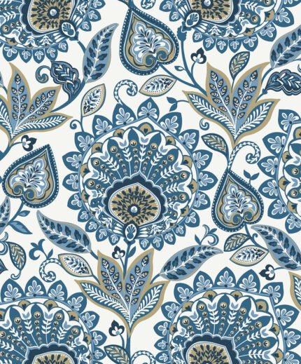 Sheffield - Prussian Blue | Blues Damasks and Scrolls Wallpaper for Living Room, Kitchen, and Entryway
