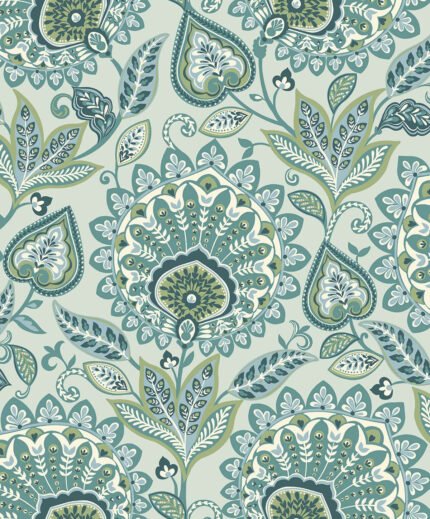 Sheffield - Verdigris | Aquas and Teals Damasks and Scrolls Wallpaper for Entryway, Powder Room, and Office
