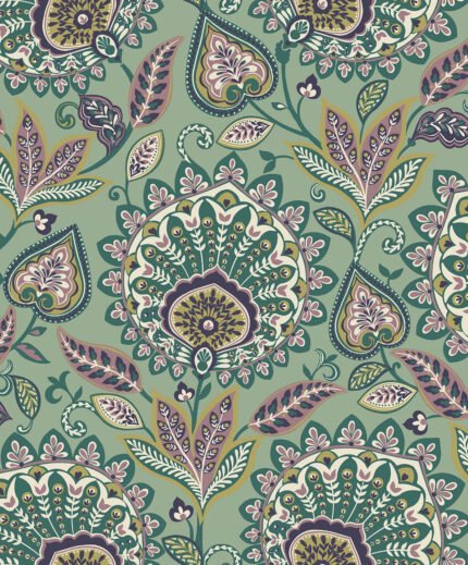 Sheffield - Summer Garden | Greens Damasks and Scrolls Wallpaper for Bedroom, Office, and Hallway