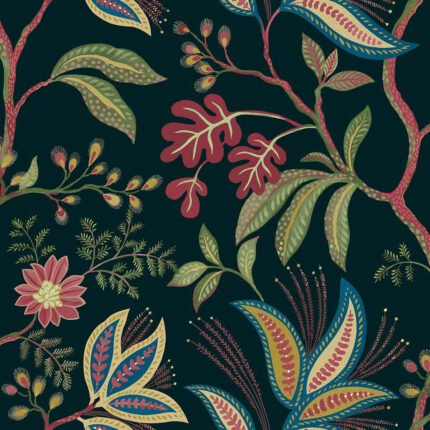 Kew - Carbon | Blacks Trees and Leaves Wallpaper for Accent Wall, Hallway, and Kitchen