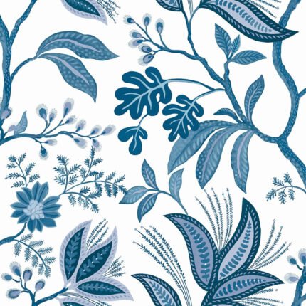 Kew - Cerulean | Blues Trees and Leaves Wallpaper for Kitchen, Powder Room, and Hallway