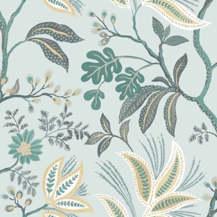 Kew - Morning Sky | Aquas and Teals Trees and Leaves Wallpaper for Nursery, Accent Wall, and Dining Room