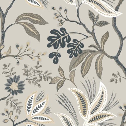 Kew - Mocha | Grays Trees and Leaves Wallpaper for Dining Room, Hallway, and Living Room