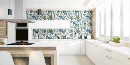 Kew - Multi | Blues Trees and Leaves Wallpaper for Hallway, Kitchen, and Dining Room