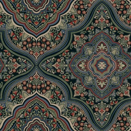 Cambridge - Jewel Tones | Blacks Damasks and Scrolls Wallpaper for Entryway, Dining Room, and Office