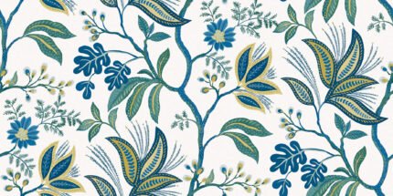 Kew Fabric - Multi | Blues Trees and Leaves Wallpaper for Bedroom, Powder Room, and Half Bath