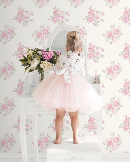 Rosalie - Honeysuckle | Pinks Florals, Botanicals and Tropicals Wallpaper for Powder Room, Half Bath, and Entryway