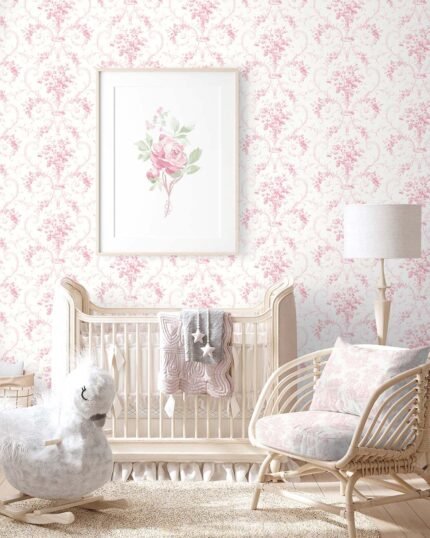 Eleanor - Rose | Pinks Damasks and Scrolls Wallpaper for Accent Wall, Living Room, and Nursery