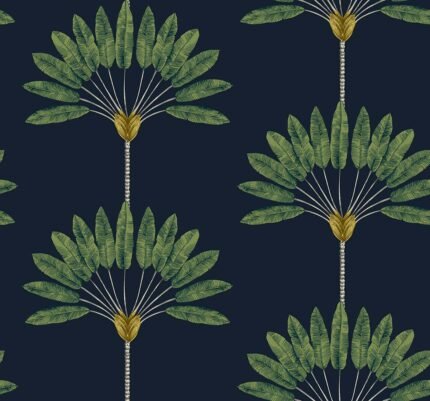 Flourish - Space | Navys Trees and Leaves Wallpaper for Powder Room, Nursery, and Office