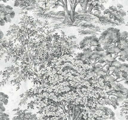 Majestic Trees - Pencil | Grays Trees and Leaves Wallpaper for Entryway, Living Room, and Accent Wall