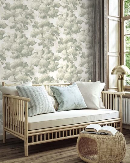 Reverie - Ivory | Warm Neutrals and Beiges Trees and Leaves Wallpaper for Dining Room, Entryway, and Bedroom