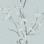 Cherry Branches - Morning at Sea | Blues Florals, Botanicals and Tropicals Wallpaper for Powder Room, Kitchen, and Office