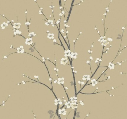 Cherry Branches - Hazel | Warm Neutrals and Beiges Florals, Botanicals and Tropicals Wallpaper for Half Bath, Entryway, and Hallway