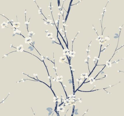 Cherry Branches - Ink | Blues Florals, Botanicals and Tropicals Wallpaper for Half Bath, Living Room, and Nursery