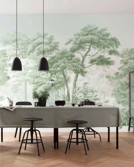 Orinoco Morning | Greens Trees and Leaves Wallpaper for Powder Room, Office, and Kitchen