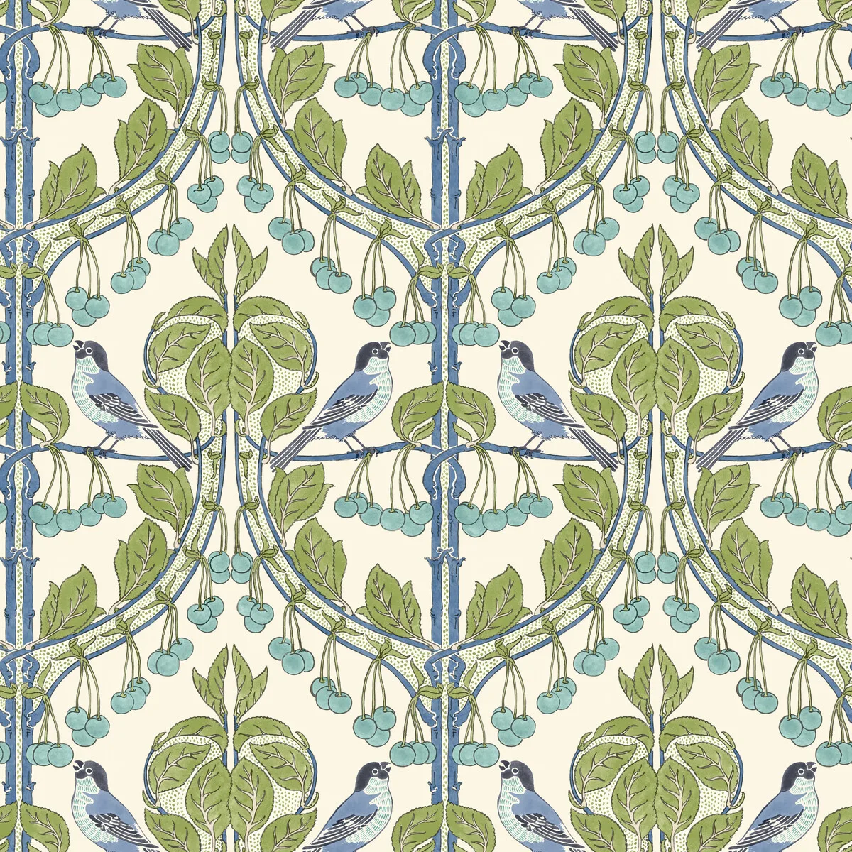 Birds & Cherries wallpaper in Green/blue by G P & J Baker, animal/insects pattern