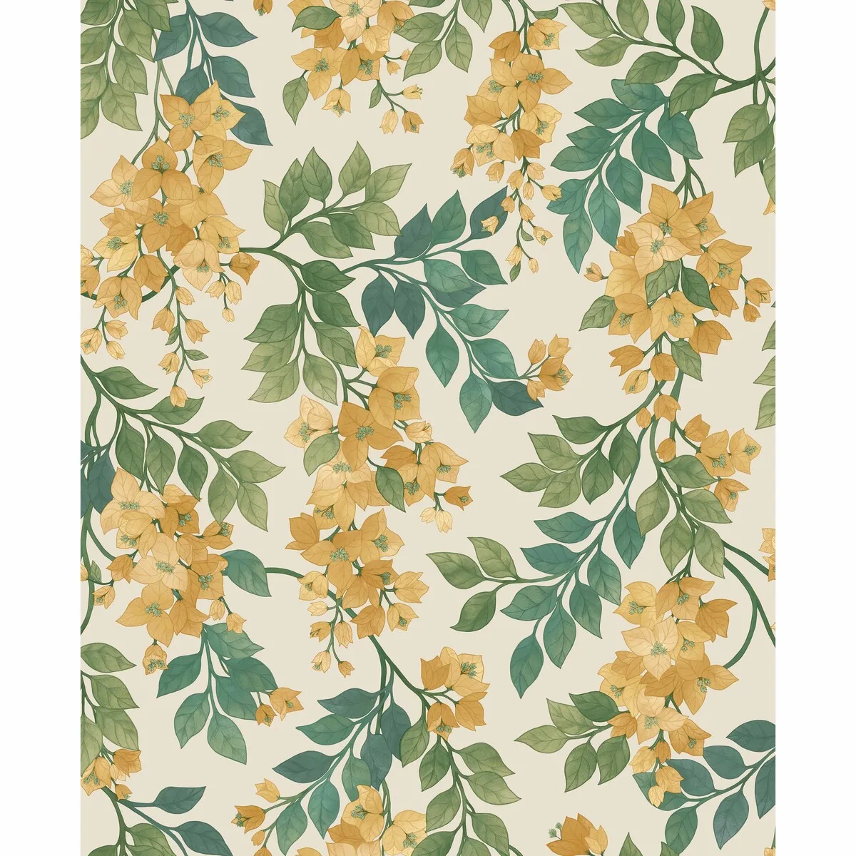 Bougainvillea wallpaper in Marigold/lf Grn/emerald/parc by Cole & Son, botanical & floral pattern