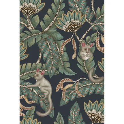 Bush Baby wallpaper in Teal and Ochre/ink by Cole & Son, animal/insects pattern